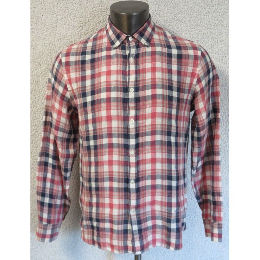 Mens Baird McNutt Linen Murano Slim Fit Long Sleeve Button Front Shirt‎ Plaid L